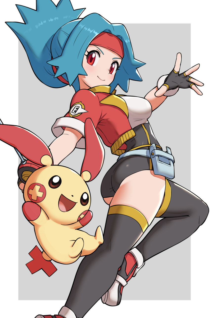 1girl ass blue_hair blush breasts capture_styler closed_mouth commentary_request cropped_jacket eyelashes fingerless_gloves gen_3_pokemon gloves gonzarez headband highres holding jacket long_hair looking_at_viewer open_clothes open_jacket plusle pokemon pokemon_(creature) pokemon_ranger pokemon_ranger_1 red_eyes red_headband red_jacket shirt shoes short_sleeves smile solana_(pokemon) spread_fingers thigh-highs white_shirt