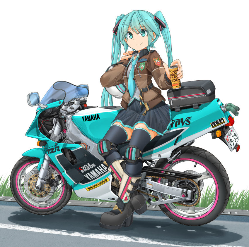 1girl aqua_eyes aqua_hair aqua_neckwear bangs black_ribbon blouse blue_legwear blue_skirt boots brown_jacket can closed_mouth collared_blouse commentary_request emblem english_text eyebrows_visible_through_hair grey_blouse ground_vehicle hair_ribbon hatsune_miku headwear_removed helmet helmet_removed highres holding holding_can holding_helmet jacket knee_pads logo long_hair looking_at_viewer mikeran_(mikelan) miniskirt motor_vehicle motorcycle motorcycle_helmet necktie open_clothes open_jacket partial_commentary pleated_skirt ribbon sitting skirt smile soda_can solo spring_onion thigh-highs twintails very_long_hair vocaloid white_background white_footwear wing_collar yamaha yamaha_tzr250r