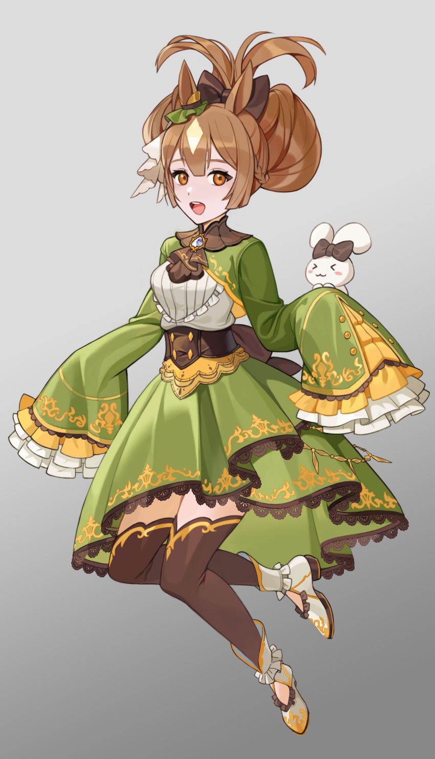 1girl animal_ears boots borrowed_hairstyle breasts brown_eyes brown_hair brown_thighhighs cinnamiku cinnamoroll commentary_request crossover frilled_shirt frilled_sleeves frills full_body gradient gradient_background green_skirt grey_background highres horse_ears long_sleeves medium_breasts multicolored_hair naeng_chim pleated_skirt sanrio satono_diamond_(umamusume) shirt shrug_(clothing) skirt sleeves_past_fingers sleeves_past_wrists thigh-highs thighhighs_under_boots two-tone_hair umamusume white_footwear white_hair white_shirt