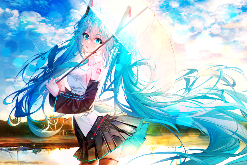 1girl absurdres bangs baocaizi black_skirt black_sleeves blue_eyes blue_hair blue_nails blue_neckwear blue_sky clouds cloudy_sky collared_shirt commentary day detached_sleeves eyebrows_visible_through_hair hair_between_eyes hatsune_miku hatsune_miku_(vocaloid3) hatsune_miku_(vocaloid4) highres holding holding_umbrella huge_filesize long_sleeves nail_polish necktie outdoors pleated_skirt shirt skirt sky sleeveless sleeveless_shirt solo transparent transparent_umbrella twintails umbrella v4x vocaloid white_shirt wide_sleeves