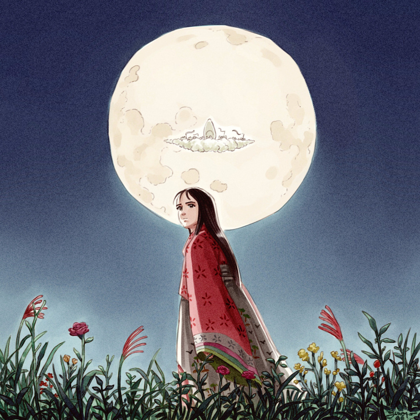 1girl arms_at_sides black_eyes black_hair closed_mouth clouds commentary english_commentary facing_viewer fantasy feet_out_of_frame floral_print flower frown full_moon grass highres japanese_clothes juanito_medina kaguya-hime_no_monogatari kaguya_hime kimono long_hair looking_afar moon moonlight night night_sky orange_flower outdoors pink_flower pink_rose plant red_flower rose serious shaded_face shiny shiny_hair signature sky sleeves_past_fingers sleeves_past_wrists solo standing straight_hair tareme