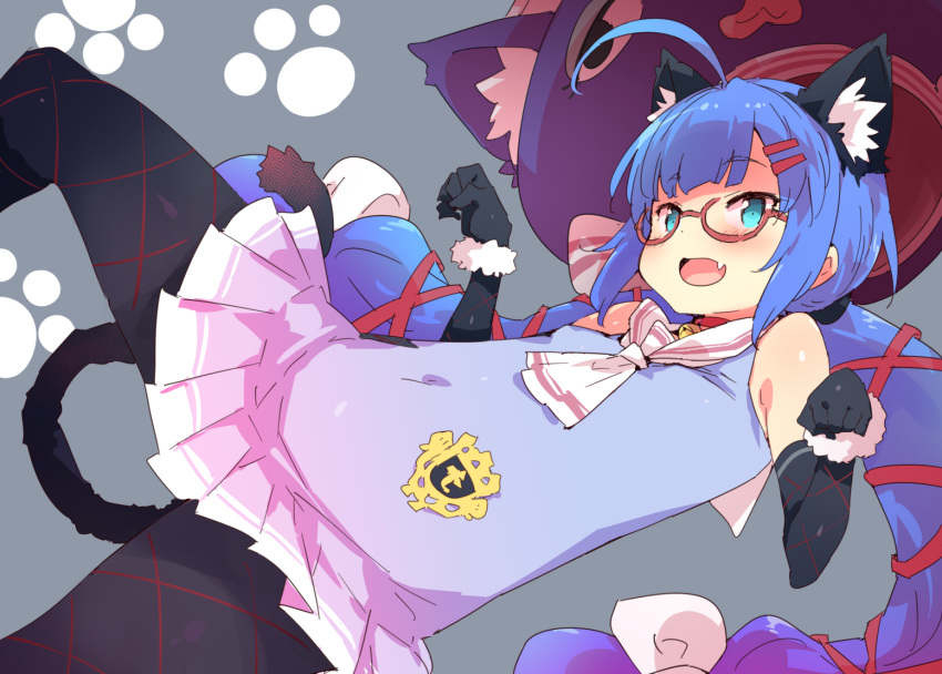 1girl :d animal_ear_fluff animal_ears animal_hat bare_shoulders black_gloves black_legwear black_tail blue_eyes blue_hair cat_ears cat_hat covered_navel dress elbow_gloves fang fur-trimmed_gloves fur_trim gloves grey_background hair_ornament hat long_hair open_mouth otomachi_una pantyhose paw_background paw_pose petenshi_(dr._vermilion) sailor_collar sidelocks sleeveless smile twintails very_long_hair voiceroid