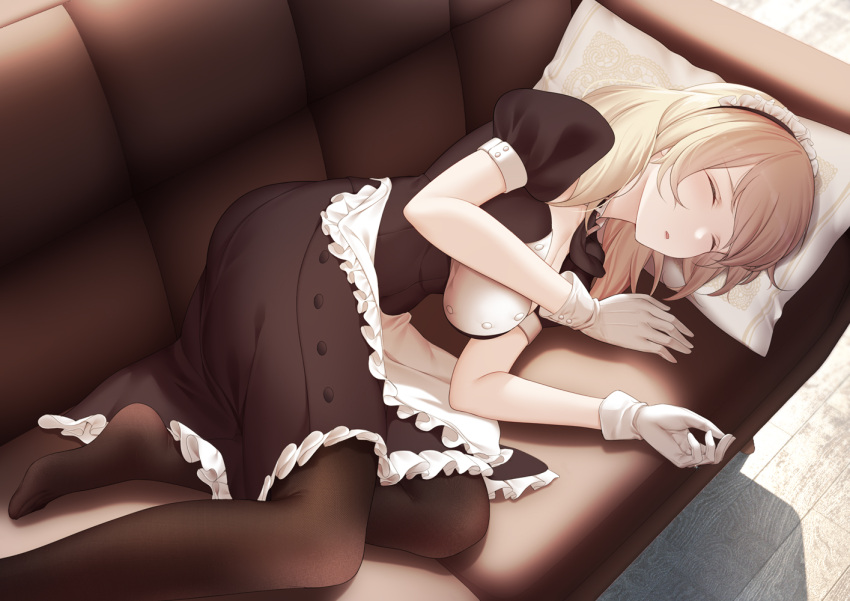 1girl black_dress black_legwear blonde_hair breasts closed_eyes couch dress gloves hairband long_hair lying maid maid_headdress medium_breasts no_shoes on_couch on_side pantyhose pillow renown_(warship_girls_r) simple_background soles solo warship_girls_r white_gloves zhixiang_zhi