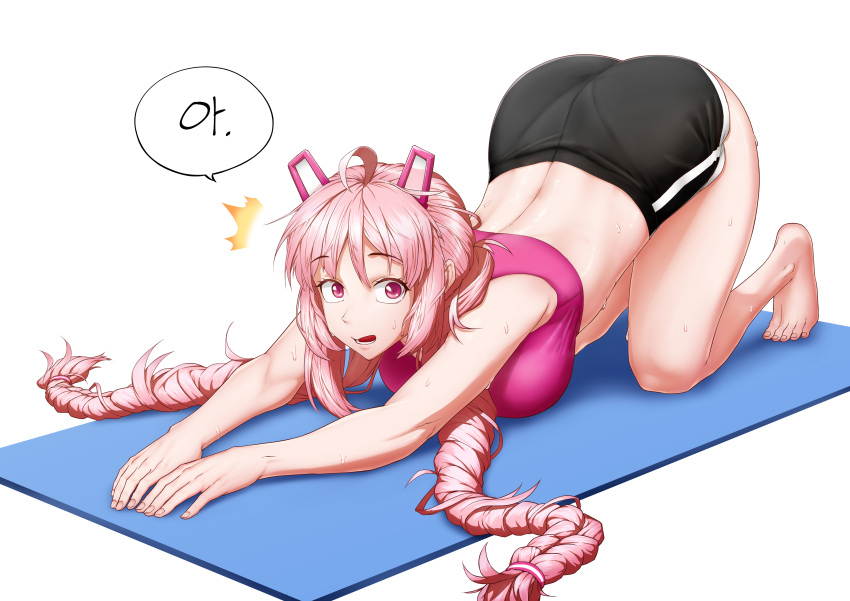 1girl ^^^ absurdres ahoge ass bam.g braid full_body highres korean_text last_origin long_hair looking_at_viewer pink_eyes pink_hair short_shorts shorts simple_background solo surprised sweat t-14_miho twin_braids very_long_hair white_background yoga yoga_mat