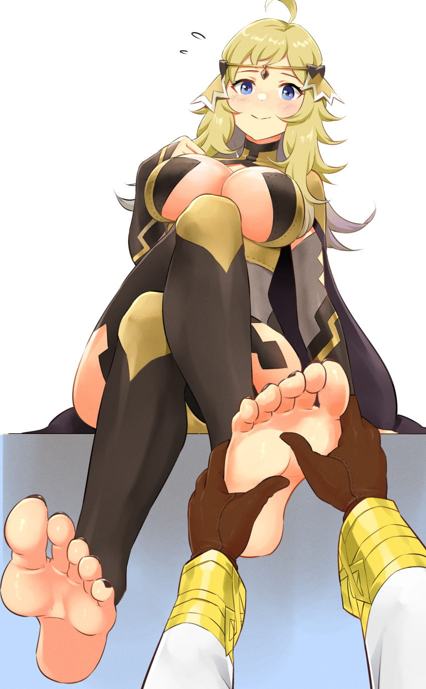 1boy 1girl absurdres ahoge bangs blonde_hair blue_eyes breasts bridal_gauntlets circlet commission commissioner_upload feet fire_emblem fire_emblem_fates fire_emblem_heroes foot_massage highres igni_tion kiran_(fire_emblem) large_breasts looking_at_viewer male_hand ophelia_(fire_emblem) sitting thigh-highs turtleneck