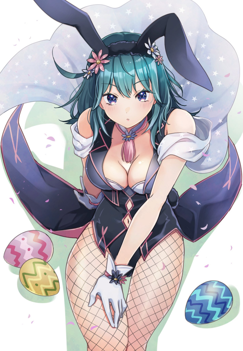 1girl alternate_costume animal_ears aqua_hair bare_arms blue_eyes blue_shirt breasts byleth_(fire_emblem) byleth_eisner_(female) clothing_cutout coattails commentary_request easter_egg egg eyebrows_visible_through_hair fake_animal_ears feet_out_of_frame fire_emblem fire_emblem:_three_houses fishnet_legwear fishnets flower from_above gloves hair_flower hair_ornament hand_on_own_thigh highres ichino_tomizuki invisible_chair large_breasts leotard_under_clothes long_hair looking_at_viewer mixed-language_commentary navel navel_cutout open_clothes open_shirt petals playboy_bunny scarf shadow shiny shiny_hair shiny_skin shirt sidelocks sitting sleeveless sleeveless_shirt solo thighs white_gloves