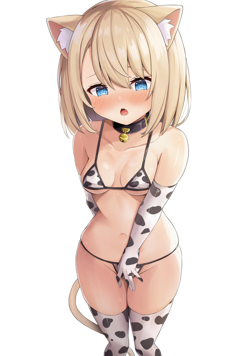 1girl :o absurdres animal_ear_fluff animal_ears animal_print arm_behind_back bangs bare_shoulders bell bikini black_collar blonde_hair blue_eyes blush breasts cat_ears cat_girl cat_tail collar collarbone commentary commission covering covering_crotch cow_print elbow_gloves embarrassed english_commentary eyebrows_visible_through_hair gloves highres kusana_(dudqja602) looking_at_viewer medium_hair navel neck_bell original pixiv_request print_bikini print_gloves print_legwear small_breasts solo standing stomach swimsuit tail thigh-highs thighs white_bikini white_gloves white_legwear