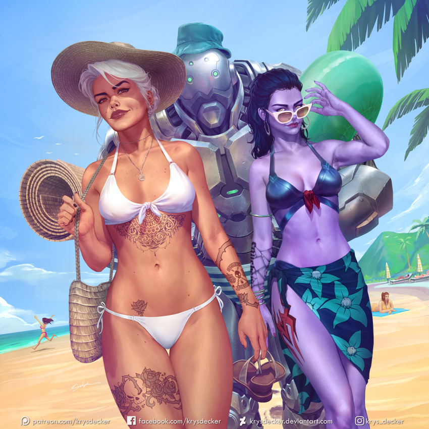 4girls arm_tattoo armlet armpits ashe_(overwatch) bag beach bikini black_hair blue_bikini blue_sky bob_(overwatch) breasts brigitte_(overwatch) carrying colored_skin cote_d'azur_widowmaker d.va_(overwatch) day earrings english_commentary front-tie_bikini front-tie_top green_eyes handbag hat highres hoop_earrings humanoid_robot jewelry krystopher_decker leg_tattoo lips medium_breasts mismatched_eyebrows mole mole_above_mouth mole_on_body multiple_girls navel navel_piercing nose ocean official_alternate_costume omnic overwatch piercing pubic_tattoo purple_lips purple_skin realistic red_eyes running sandals_removed sarong side-tie_bikini sky small_breasts stomach_tattoo striped summer sun_hat sunglasses swimsuit tan tattoo thick_eyebrows thigh_gap toned walking white-framed_eyewear white_bikini white_hair widowmaker_(overwatch)