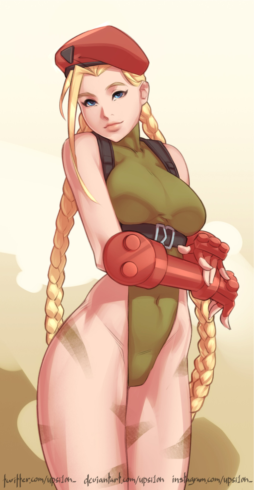1girl absurdres blonde_hair blue_eyes bodypaint bodysuit breasts cammy_white fingerless_gloves garrison_cap gloves green_leotard hat highres large_breasts leotard long_hair long_sleeves looking_at_viewer ribbed_leotard skin_tight smile solo street_fighter street_fighter_v thighs upsi1on