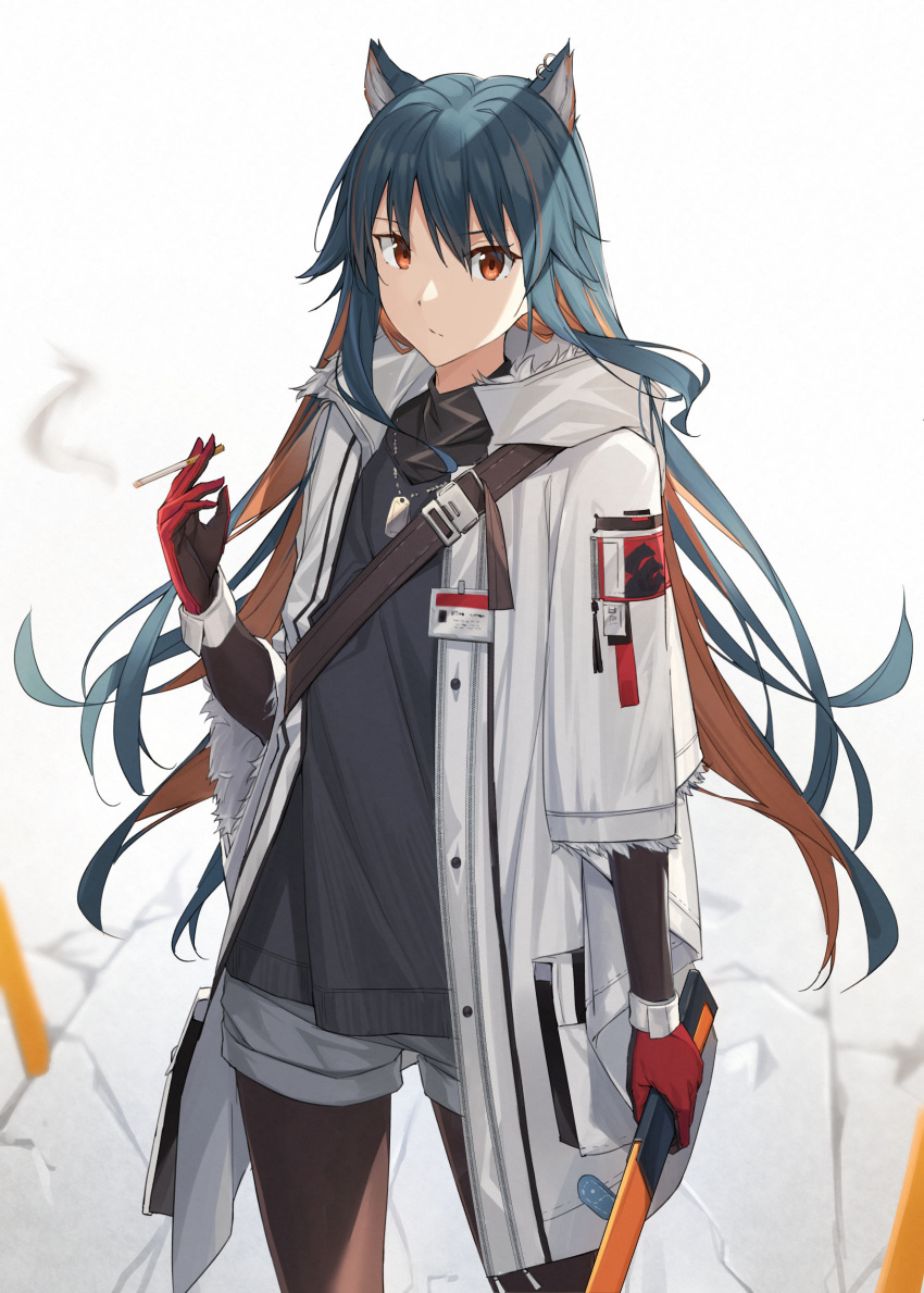 1girl absurdres animal_ears arknights bangs black_hair black_legwear black_shirt cigarette closed_mouth coat colored_inner_hair commentary cowboy_shot dog_tags ear_piercing earrings gloves grey_shorts highres holding holding_cigarette holding_sword holding_weapon jewelry layered_sleeves legwear_under_shorts light_frown long_hair long_sleeves looking_at_viewer multicolored_hair open_clothes open_coat orange_hair pantyhose piercing raitho104 red_eyes red_gloves shirt short_over_long_sleeves short_sleeves shorts smoke solo standing sword texas_(arknights) weapon white_coat