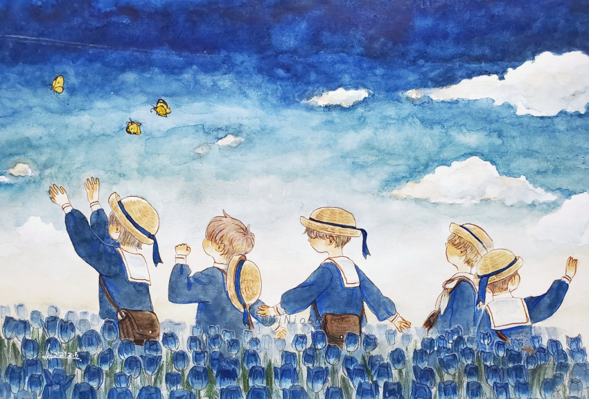 5boys bag blue_flower blue_ribbon blue_shirt blue_sky blush brown_bag bug butterfly child clouds cloudy_sky dated flower hat hat_ribbon highres insect minio6666o multiple_boys original profile ribbon sailor_collar shirt shoulder_bag signature sky upper_body white_sailor_collar yellow_butterfly