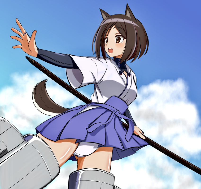 1girl absurdres animal_ears ass_visible_through_thighs bangs black_hair blue_skirt blue_sky bob_cut bridal_gauntlets brown_eyes clouds cloudy_sky commentary day dog_ears dog_tail dougi flying hakama_skirt haruwo0096 highres holding holding_staff kuroda_kunika long_sleeves looking_to_the_side miniskirt noble_witches open_mouth outdoors panties pantyshot shirt short_over_long_sleeves short_sleeves skirt sky smile solo staff striker_unit swept_bangs tail underwear white_panties white_shirt wind wind_lift