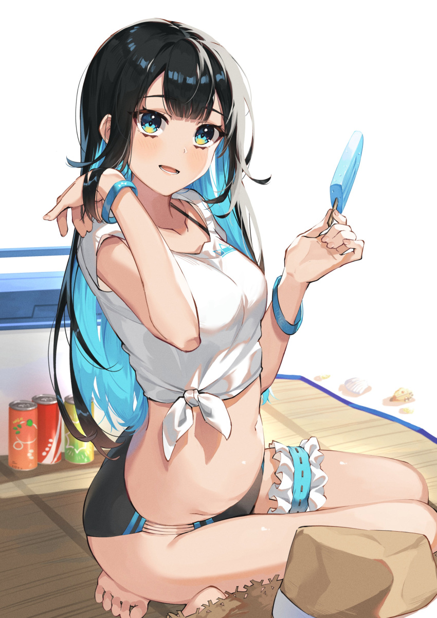1girl absurdres black_hair blue_hair bra_strap bracelet buruma can cropped_shirt food hat highres holding holding_food jewelry long_hair looking_at_viewer midriff multicolored multicolored_eyes multicolored_hair navel open_mouth original popsicle seiza shirt sitting solo thigh_strap tied_shirt tsukino_(nakajimaseiki) white_shirt