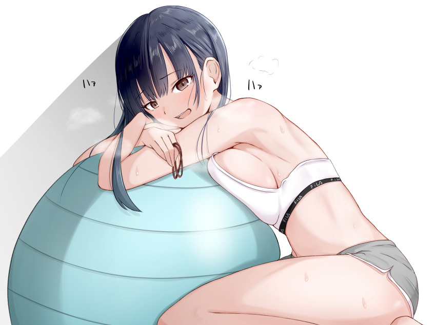 1girl absurdres ass ball black_hair blush boku_no_kokoro_no_yabai_yatsu breast_press breasts brown_eyes dripping exercise_ball highres large_breasts long_hair looking_at_viewer pressing rubber_band sacra shiny shiny_skin short_hair short_shorts shorts simple_background solo sports_bra steam sweat white_background yamada_anna