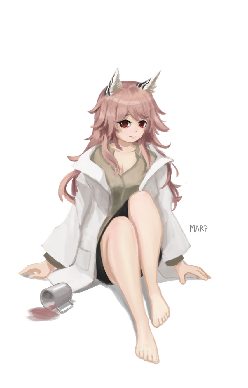1girl absurdres animal_ears artist_name bare_legs barefoot cat_ears coffee coffee_mug commentary cup eyebrows_visible_through_hair fake_animal_ears feet frown full_body girls_frontline highres labcoat legs long_hair looking_at_viewer marpaparp messy_hair mug persica_(girls_frontline) pink_hair red_eyes simple_background sitting solo spill toes white_background