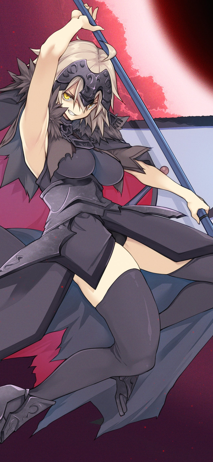 10mo 1girl absurdres armor armored_boots armored_dress armpits black_legwear blonde_hair boots breasts capelet chain clenched_teeth fate/grand_order fate_(series) greaves hair_between_eyes headpiece highres jeanne_d'arc_(alter)_(fate) jeanne_d'arc_(fate)_(all) large_breasts solo standard_bearer sword teeth thigh-highs thighs weapon yellow_eyes