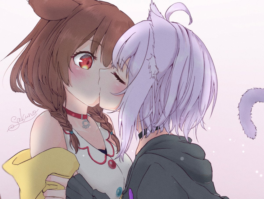 2girls ahoge animal_collar animal_ears bare_shoulders blush bone_hair_ornament braid brown_hair cat_ears cat_girl cat_tail choker closed_eyes collar dog_ears dog_girl eyebrows_visible_through_hair hair_between_eyes hair_ornament hairclip hololive hololive_gamers hood hood_down hoodie inugami_korone jacket kiss long_hair long_sleeves looking_at_another low_twin_braids md5_mismatch multiple_girls nekomata_okayu orange_eyes purple_hair resolution_mismatch sakunotoon short_hair simple_background source_larger surprise_kiss surprised tail twin_braids virtual_youtuber white_background yellow_jacket yuri