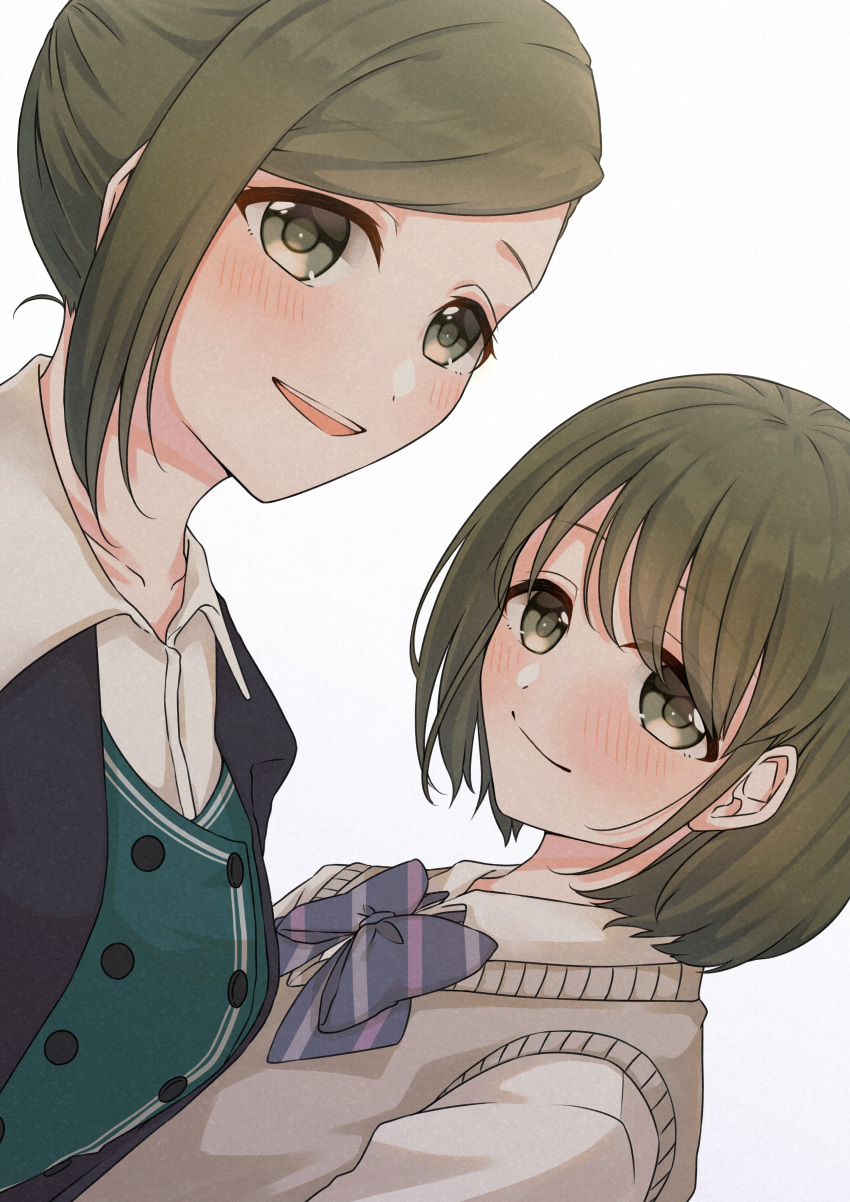 2girls absurdres blush collarbone eyebrows_visible_through_hair green_eyes green_hair highres idolmaster idolmaster_shiny_colors multiple_girls nanakusa_hazuki nanakusa_nichika office_lady ribbon school_uniform short_hair siblings simple_background sisters striped striped_ribbon vest white_background yoshioka_machiko