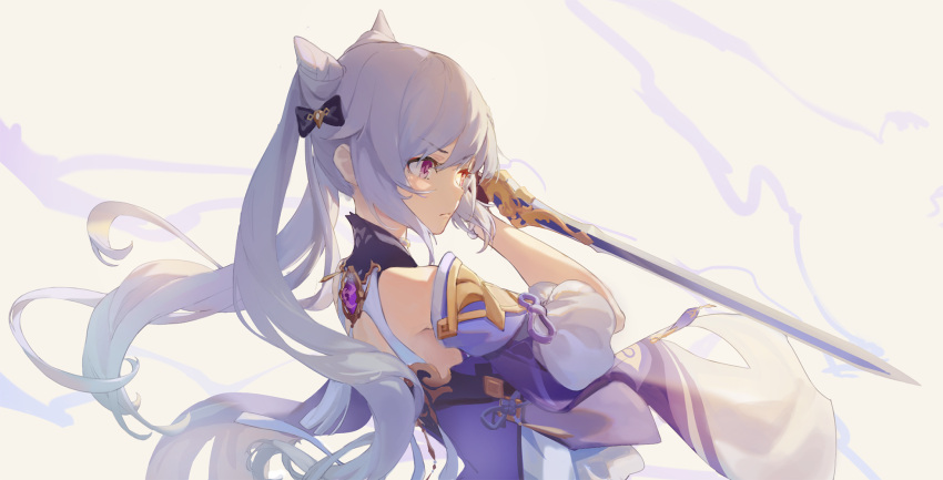 1girl bangs bare_shoulders black_bow bow closed_mouth detached_sleeves eyebrows_visible_through_hair from_side genshin_impact hair_bow hair_cones hair_ornament highres holding holding_sword holding_weapon keqing_(genshin_impact) long_hair purple_hair shuang_ye simple_background solo standing sword twintails v-shaped_eyebrows violet_eyes vision_(genshin_impact) weapon
