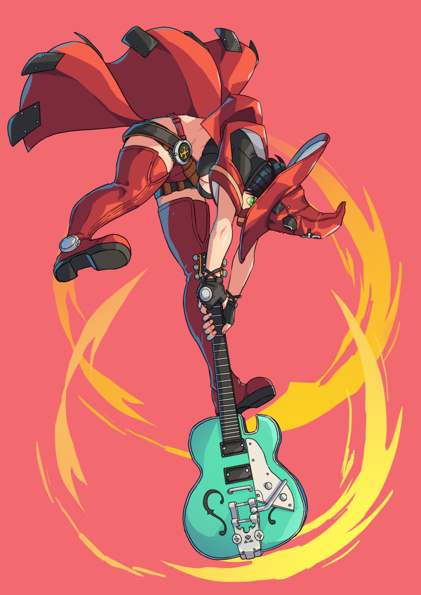 absurdres belt bob_cut bra breasts cirenk fingerless_gloves glasses gloves guilty_gear guilty_gear_strive guitar hat highres i-no instrument jacket slam thick_thighs thigh-highs thighs underwear witch witch_hat