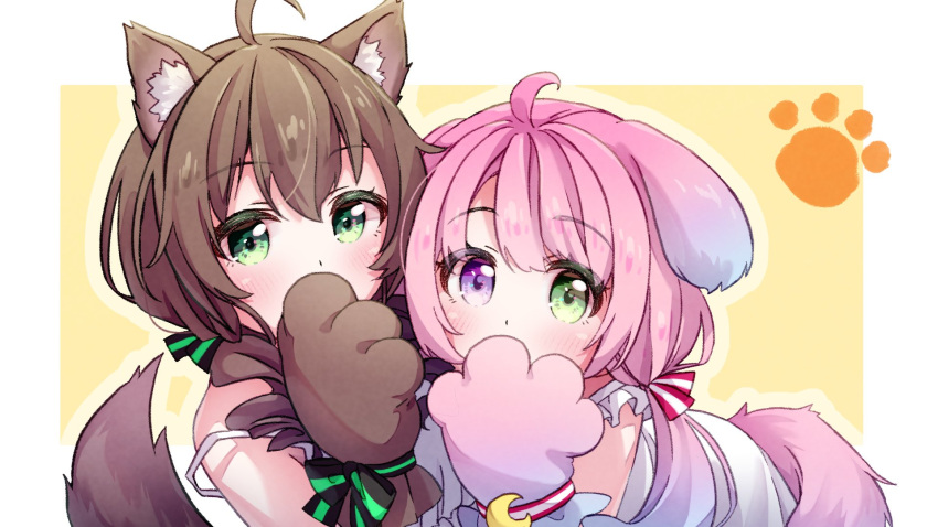 2girls bangs blush cat_girl cat_tail covering_mouth cowlick dog_girl dog_tail eyebrows_visible_through_hair gloves green_eyes hair_between_eyes hand_over_own_mouth heterochromia highres himemori_luna hololive kemonomimi_mode meru_corone multiple_girls natsuiro_matsuri paw_gloves paws pink_hair tail twintails violet_eyes virtual_youtuber