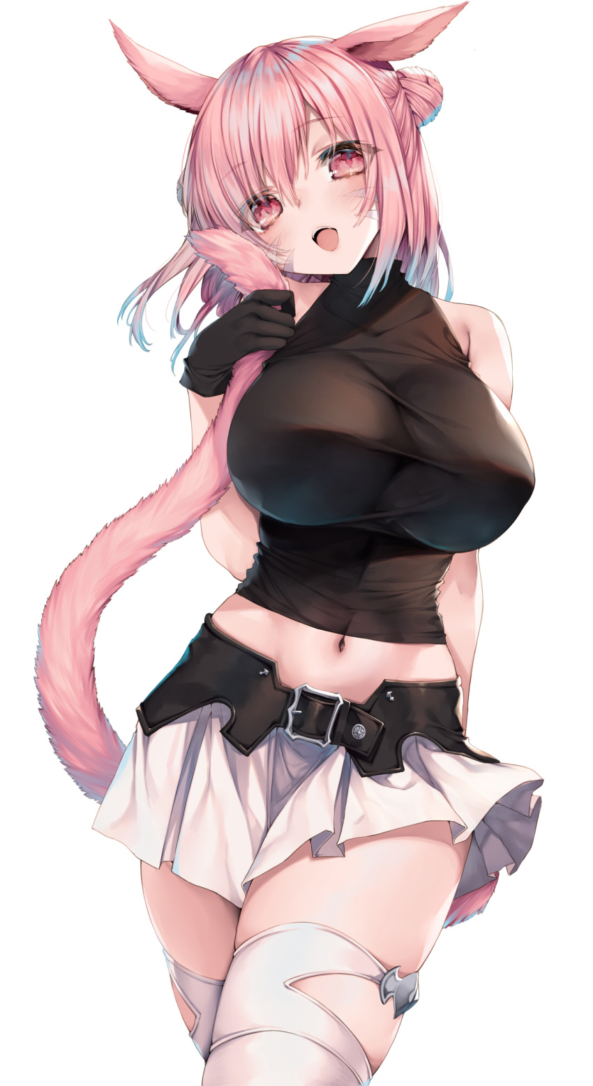 1girl animal_ears bangs blush breasts cat_ears cat_girl cat_tail detached_collar double_bun facial_mark final_fantasy final_fantasy_xiv highres himegi_you large_breasts looking_at_viewer miqo'te navel open_mouth pink_eyes pink_hair pink_tail pleated_skirt short_hair simple_background skirt smile solo tail thigh-highs white_background white_legwear
