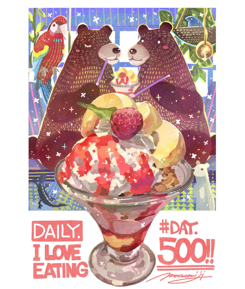 bear bird blush cream cup dessert eating english_text food food_focus fruit glass highres ice_cream lizard momiji_mao mouse no_humans original parrot raspberry signature sparkle