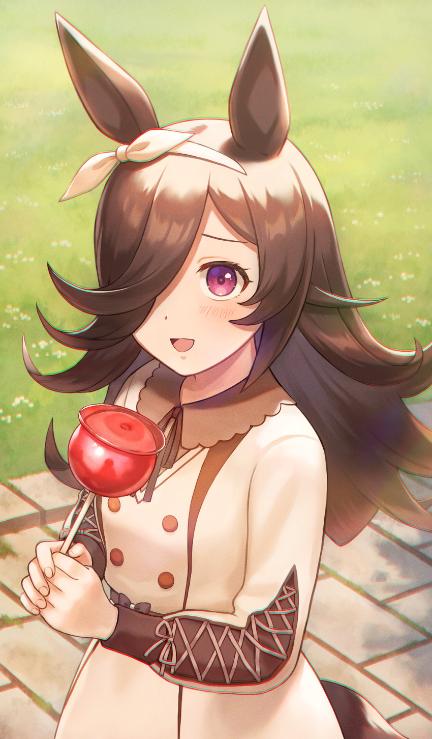 1girl :d absurdres animal_ears blush brown_hair candy_apple commentary_request day dress food grass hair_over_one_eye hair_ribbon highres holding holding_food horse_ears horse_girl horse_tail long_hair long_sleeves looking_at_viewer open_mouth outdoors own_hands_together path ribbon rice_shower smile solo tail umamusume violet_eyes white_dress white_ribbon yuko666