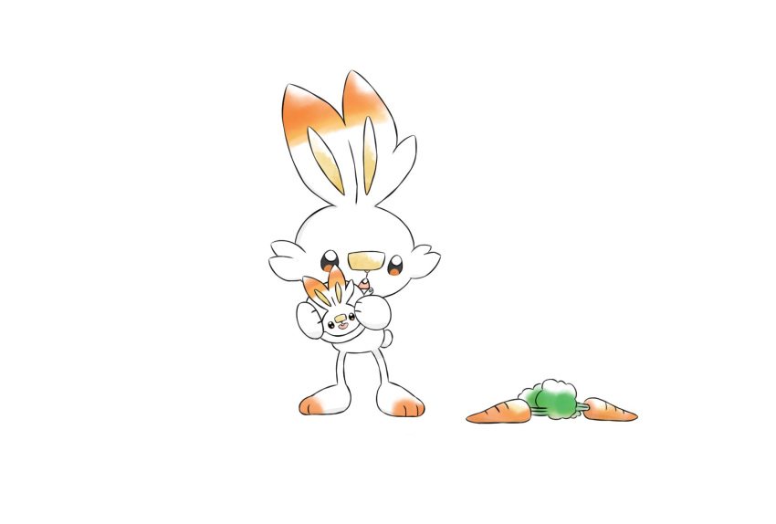 brown_eyes carrot commentary_request fang gen_8_pokemon highres holding nao_me_mo paws pokemon pokemon_(creature) scorbunny simple_background solo standing starter_pokemon toes white_background