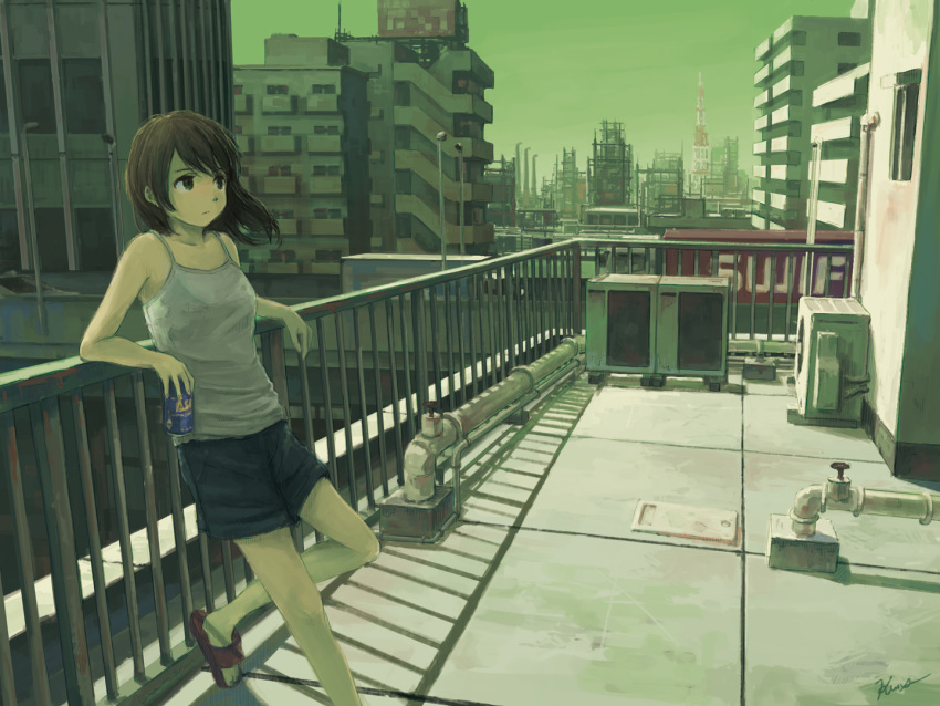 1girl air_conditioner billboard black_hair brown_hair building camisole can cityscape commentary holding kensight328 leaning_on_rail original outdoors pipes railing scenery short_shorts shorts slippers solo