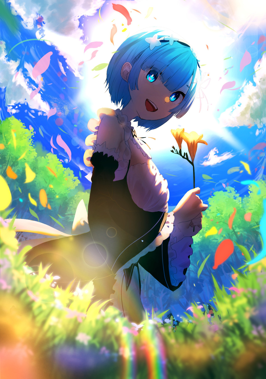 1girl 38_(sanjuuhachi) :d absurdres armpit_crease bangs black_dress black_neckwear black_ribbon blue_eyes blue_hair blush breasts chromatic_aberration clouds day detached_sleeves dress eyes_visible_through_hair flower forest frilled_sleeves frills from_below from_side glowing glowing_eyes grass hair_ornament hair_over_one_eye hair_ribbon hands_up happy highres holding holding_flower lens_flare lily_(flower) long_sleeves looking_at_viewer looking_down looking_to_the_side maid nature open_mouth orange_flower outdoors petals pink_ribbon rainbow re:zero_kara_hajimeru_isekai_seikatsu rem_(re:zero) ribbon roswaal_mansion_maid_uniform short_hair sidelocks sky small_breasts smile solo sun swept_bangs tree upper_teeth wide_sleeves wind x_hair_ornament