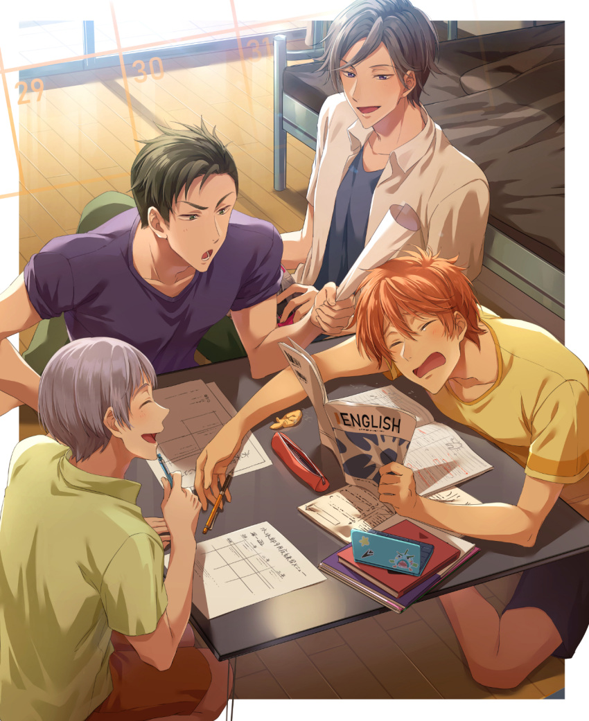 4boys ^_^ ^o^ barefoot bed bedroom blue_shirt blue_shorts blush border brown_hair butterfly_sitting closed_eyes collarbone collared_shirt english_text eraser free! from_above green_eyes green_pants grey_hair highres holding holding_paper holding_pencil homework indoors laughing lecturing looking_at_another male_focus mechanical_pencil mikoshiba_momotarou minami_kazuki multiple_boys nitori_aiichirou open_mouth orange_hair orange_shorts outside_border pants paper pencil pencil_case purple_shirt scolding seiza shirt shirt_under_shirt shorts sitting sitting_on_floor smile spiky_hair studying t-shirt table tearing_up textbook toned toned_male translation_request undershirt uozumi_takuya v-shaped_eyebrows violet_eyes white_border white_shirt window wooden_floor yellow_shirt zattape