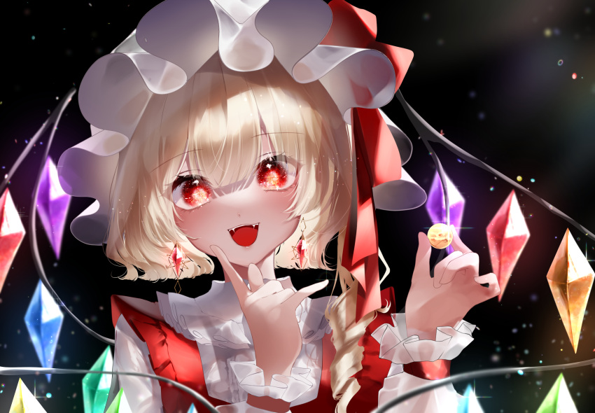 1girl :d bangs blonde_hair blush bow commentary_request crystal dark_background earrings eyebrows_visible_through_hair finger_to_cheek flandre_scarlet glint hands_up hat hat_bow highres holding index_finger_raised jewelry lens_flare light_particles mob_cap open_mouth rainbow red_bow red_eyes red_vest simple_background smile solo touhou upper_body vest white_headwear wings wrist_cuffs yukia_(yukia_777)