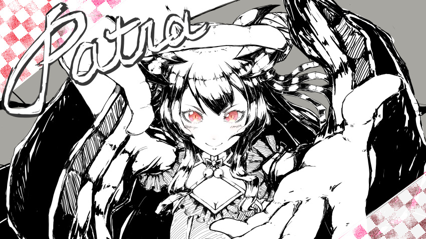1girl absurdres bangs blouse breasts closed_mouth demon_girl demon_horns fingers foreshortening greyscale hands hands_up highres honey_strap horns large_breasts long_hair long_sleeves looking_at_viewer monochrome outstretched_arms outstretched_hand reaching reaching_out red_eyes smile solo suou_patra uwan_(akanome) virtual_youtuber wide_sleeves