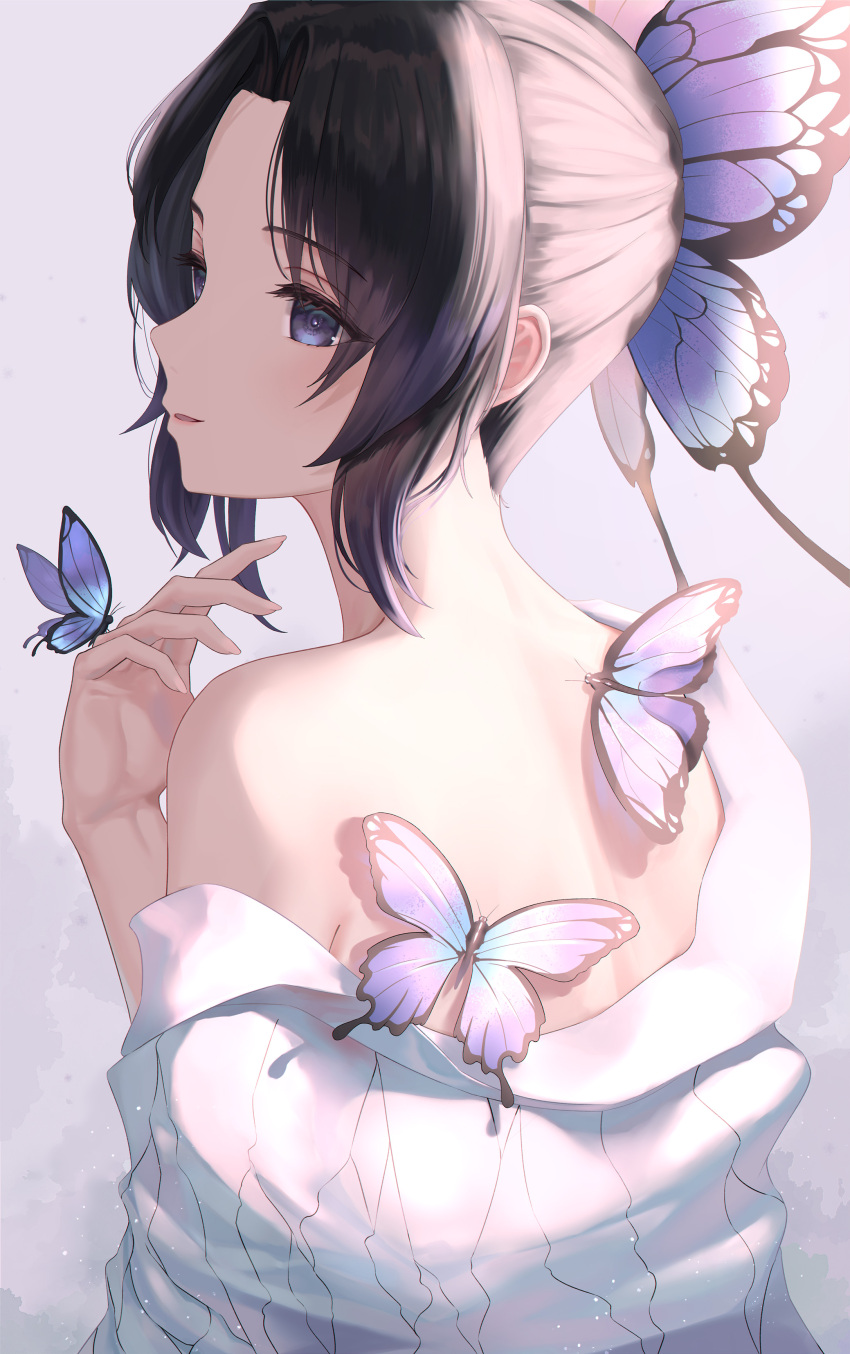 1girl absurdres back black_hair bug butterfly butterfly_hair_ornament butterfly_on_hand commentary_request from_behind hair_ornament hand_up haori highres insect japanese_clothes kimetsu_no_yaiba kochou_shinobu looking_to_the_side medium_hair off_shoulder purple_butterfly sidelocks single_bare_shoulder solo tooku0 violet_eyes