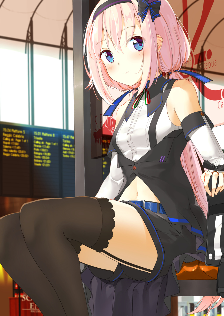 .live absurdres airport black_legwear blush breasts carro_pino detached_sleeves hair_between_eyes hair_ornament headband highres long_hair looking_at_viewer low_twintails navel o_daizen purple_hair sitting small_breasts thigh-highs twintails violet_eyes virtual_youtuber