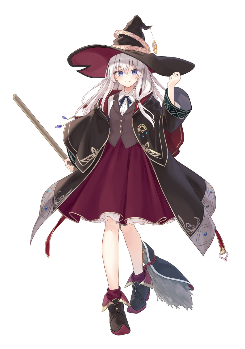 1girl absurdres azuuru black_headwear black_robe blue_eyes blue_neckwear boots broom brown_vest collared_shirt dress elaina_(majo_no_tabitabi) hat hat_ornament highres holding holding_broom long_sleeves looking_at_viewer majo_no_tabitabi open_clothes open_robe red_dress robe shirt silver_hair simple_background solo vest white_background white_shirt witch witch_hat