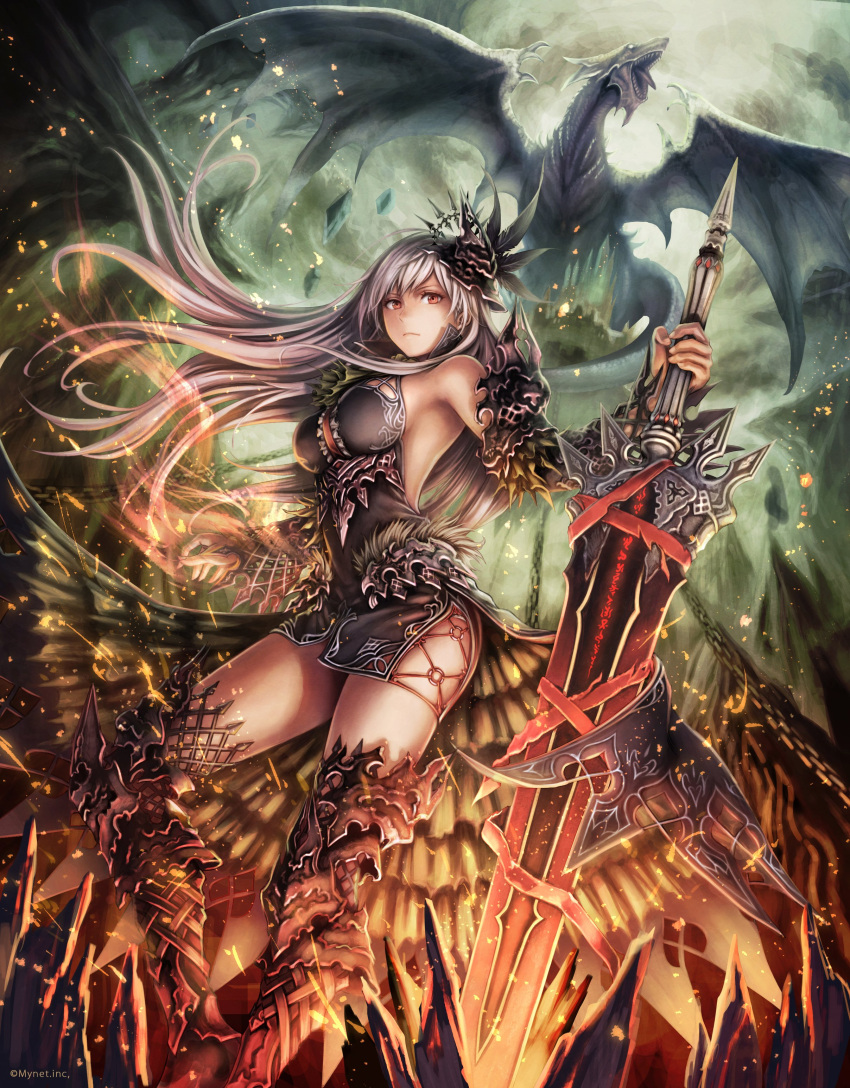 1girl absurdres anbe_yoshirou armor armored_boots bare_shoulders black_dress boots breasts claymore_(sword) closed_mouth detached_sleeves dragon dress embers feet_out_of_frame hair_ornament highres holding holding_weapon long_hair long_sleeves looking_at_viewer medium_breasts o-ring open_mouth outdoors red_eyes shinma_x_keishou!_ragnabreak side_slit silver_hair solo_focus standing thigh-highs thigh_boots tyrfing_(shinma_x_keishou!_ragnabreak) weapon