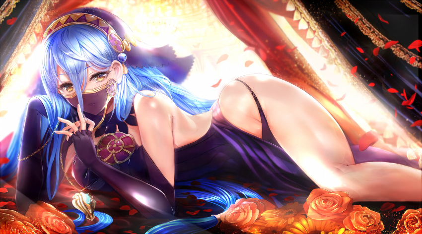 1girl arm_support azura_(fire_emblem) backless_dress backless_outfit backlighting blue_hair breasts commentary_request dress elbow_gloves eyebrows_visible_through_hair eyelashes feet_out_of_frame fingerless_gloves fire_emblem fire_emblem_fates flower gloves hair_between_eyes head_rest highres large_breasts light_rays long_hair looking_at_viewer lying mouth_veil on_side petals purple_dress purple_gloves see-through shadow shiny shiny_hair shiny_skin side_slit sidelocks solo strapless thighs tongari veil yellow_eyes
