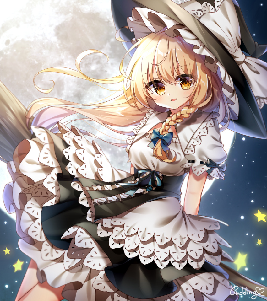 1girl arm_support arms_behind_back artist_name bangs black_headwear black_skirt blonde_hair blue_bow blush bow braid breasts broom broom_riding commentary_request dress eyebrows_visible_through_hair flower full_moon hair_between_eyes hair_bow hair_ribbon hat hat_bow highres kirisame_marisa long_hair looking_at_viewer medium_breasts moon night night_sky parted_lips pudding_(skymint_028) puffy_short_sleeves puffy_sleeves ribbon short_sleeves side_braid signature single_braid skirt sky solo star_(symbol) touhou tress_ribbon very_long_hair white_bow white_dress witch_hat yellow_eyes