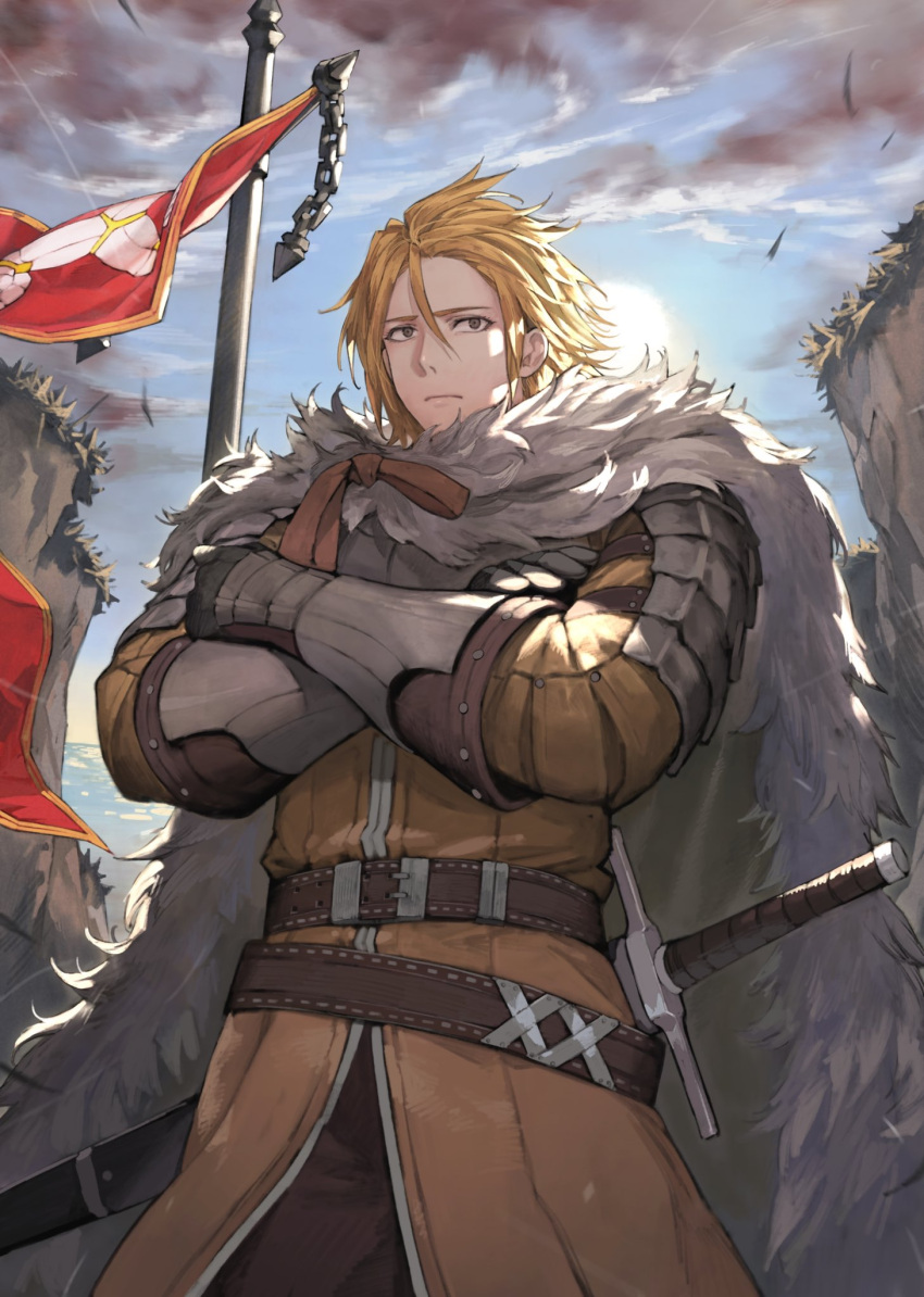 1boy armor banner belt blonde_hair cape cliff clouds cloudy_sky coat crossed_arms english_commentary fur-trimmed_cape fur_trim gauntlets hair_between_eyes highres jun_(seojh1029) looking_at_viewer original outdoors pole sheath sheathed short_hair sky solo sword weapon