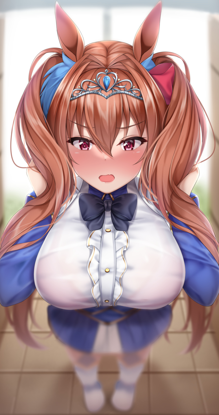 1girl absurdres animal_ears bangs black_neckwear blue_dress blurry blush bow bowtie breasts brown_hair daiwa_scarlet depth_of_field dress eyebrows_visible_through_hair from_above hair_between_eyes hair_intakes hair_ornament hair_ribbon hands_in_hair highres horse_ears horse_girl indoors large_breasts lomocya long_hair long_sleeves looking_at_viewer open_mouth red_ribbon ribbon solo standing tiara twintails umamusume violet_eyes white_footwear