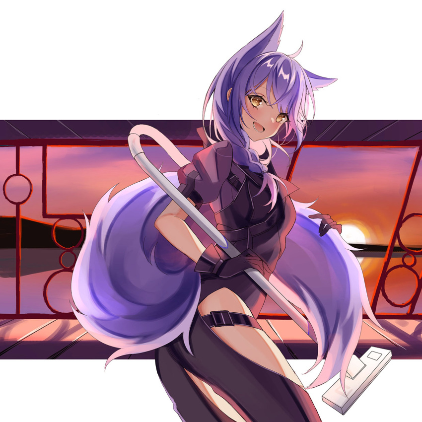 1girl :d ahoge animal_ears arknights bangs black_gloves blush cowboy_shot gloves highres hip_vent jacket large_tail long_hair looking_at_viewer open_mouth provence_(arknights) puffy_short_sleeves puffy_sleeves purple_hair short_sleeves smile solo standing tail vacuum_cleaner wolf_ears wolf_tail woodsbench yellow_eyes