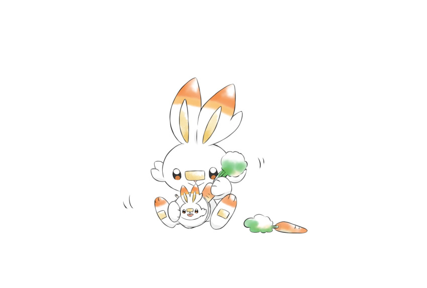 brown_eyes carrot commentary_request fang gen_8_pokemon highres holding holding_carrot nao_me_mo paws pokemon pokemon_(creature) scorbunny simple_background solo standing starter_pokemon toes white_background