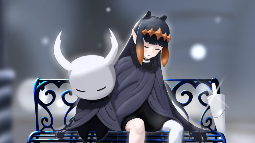 1girl absurdres bangs bench cape cloak closed_eyes highres hollow_eyes hollow_knight horns knight_(hollow_knight) long_hair mask ninomae_ina'nis pointy_ears purple_hair sitting sleeping sseldne sword tentacle_hair tentacles virtual_youtuber weapon