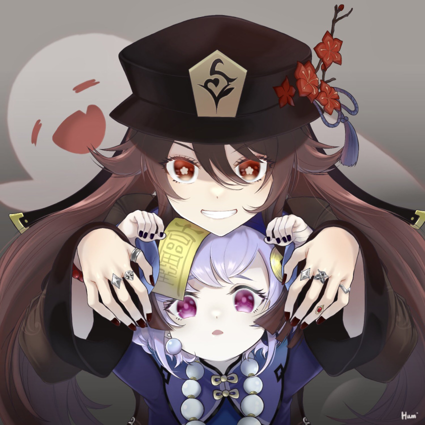2girls bead_necklace beads black_nails brown_hair chinese_clothes closed_eyes earrings fingers genshin_impact ghost hands hat highres hu_tao jewelry jiangshi looking_at_viewer multiple_girls nail_polish necklace purple_hair qiqi_(genshin_impact) red_eyes ring smile symbol-shaped_pupils teeth twintails violet_eyes zaregotoneko