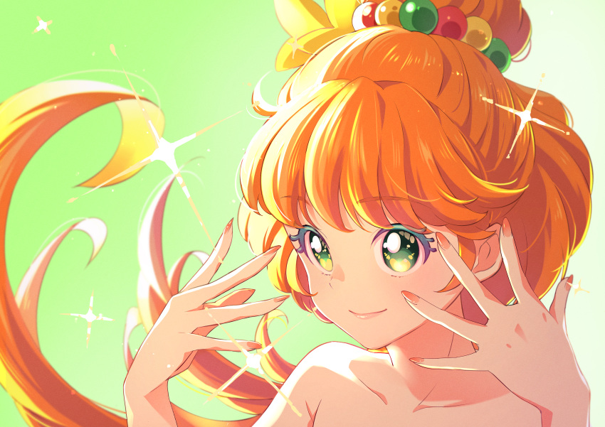 1girl absurdres blush brown_hair closed_mouth collarbone colored_eyelashes cure_papaya eriko face gradient gradient_background green_background green_eyes hair_ornament hands heart heart_in_eye highres huge_filesize ichinose_minori long_hair looking_at_viewer magical_girl nail_polish orange_nails precure smile solo symbol_in_eye tropical-rouge!_precure upper_body very_long_hair