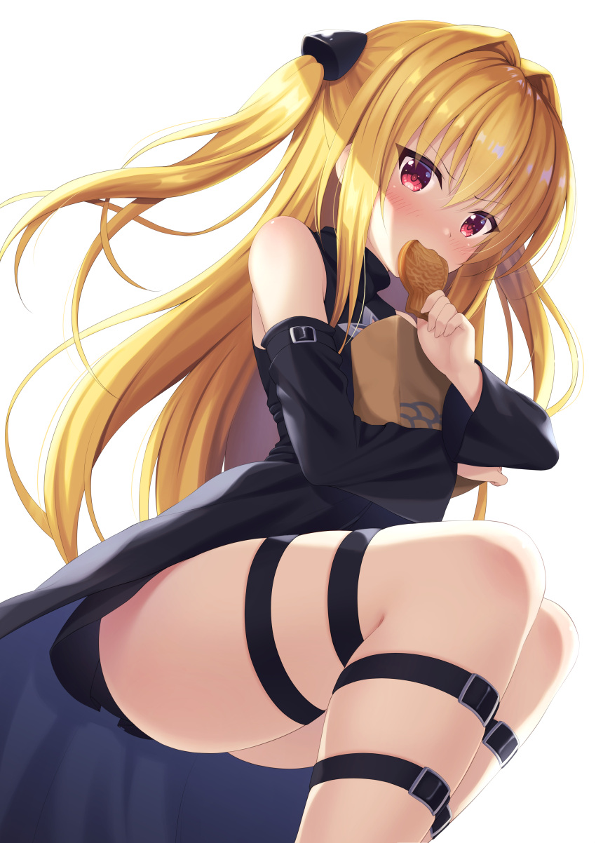 7fuji_06 absurdres ass bare_shoulders black_dress black_straps blonde_hair blush carrying_bag detached_sleeves dress eating food from_below from_side hair_between_eyes hand_up highres holding holding_food konjiki_no_yami leg_strap legs_folded legs_together long_hair looking_at_viewer red_eyes simple_background skindentation star_cutout takoyaki thigh_strap thighs to_love-ru to_love-ru_darkness upskirt very_long_hair white_background wide_sleeves