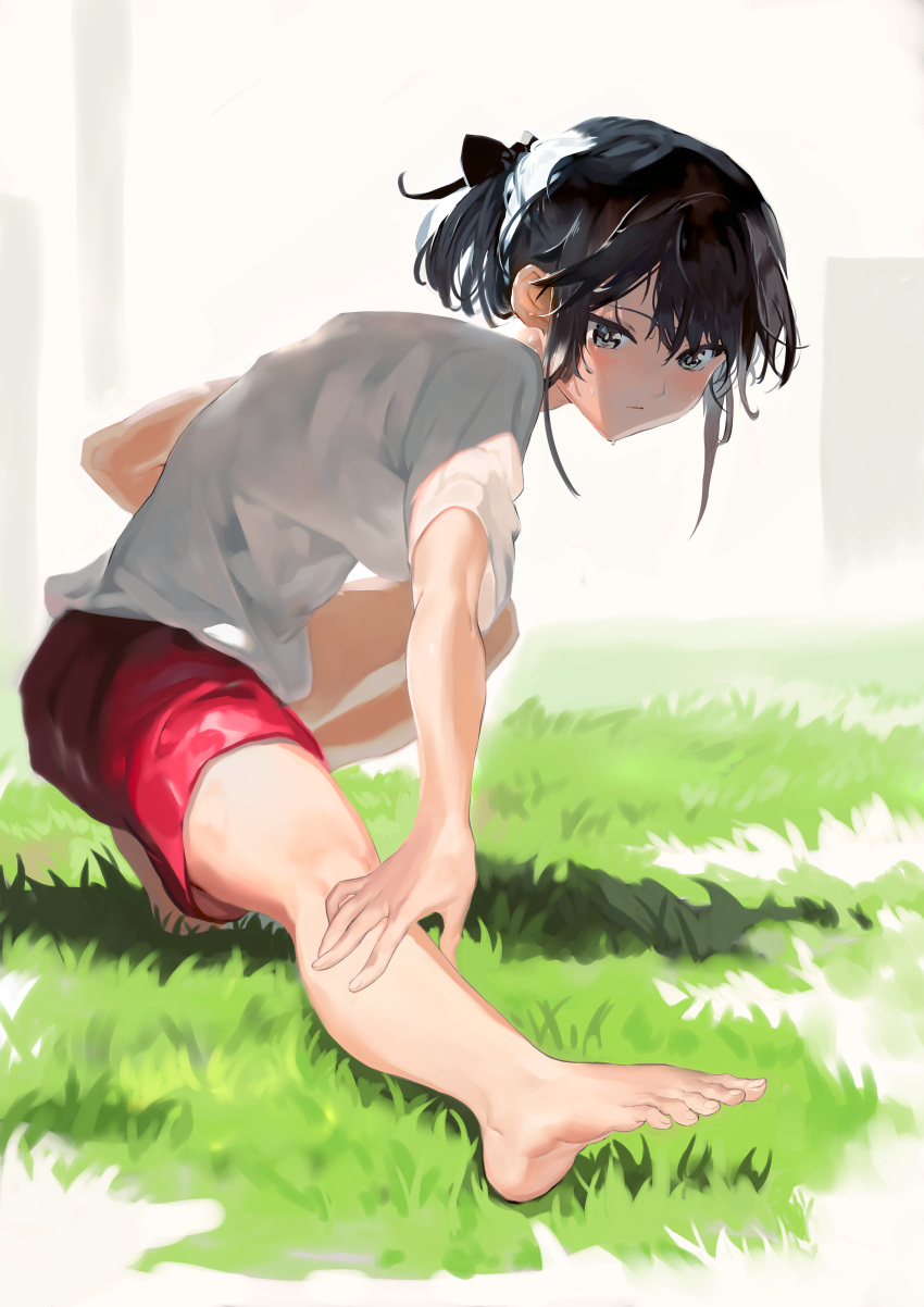1girl absurdres barefoot black_hair bob_(biyonbiyon) from_side grass grey_eyes gym_uniform highres looking_to_the_side original outdoors red_shorts shirt short_hair short_sleeves shorts solo tied_hair toes white_shirt