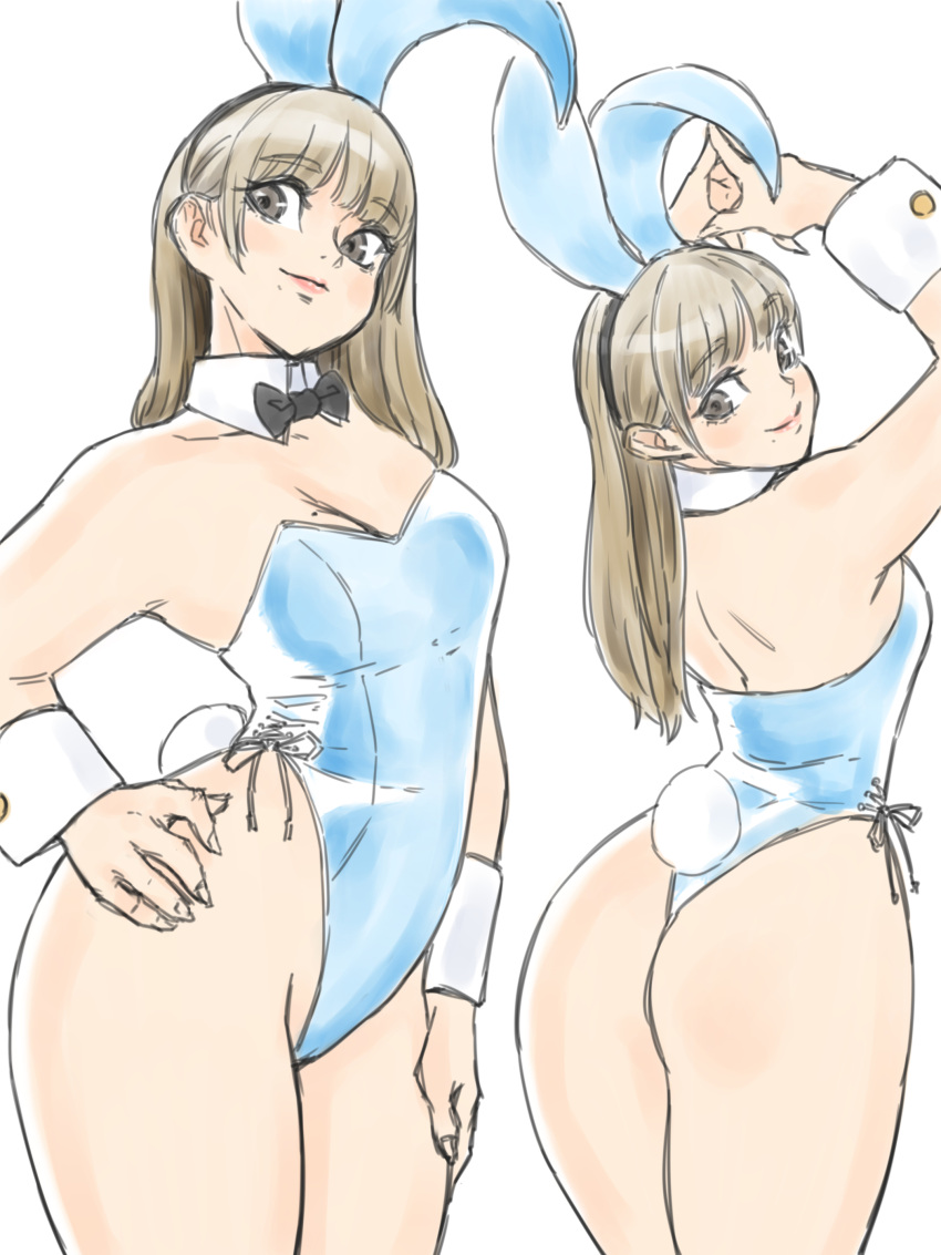 1girl absurdres animal_ears arms_up asimatosinosin ass bangs bare_legs black_neckwear blue_leotard bow bowtie breasts brown_hair bunny_tail cowboy_shot detached_collar eyebrows_visible_through_hair fake_animal_ears fake_tail hand_on_hip highleg highleg_leotard highres leotard long_hair medium_breasts multiple_views playboy_bunny rabbit_ears real_life simple_background tail white_background